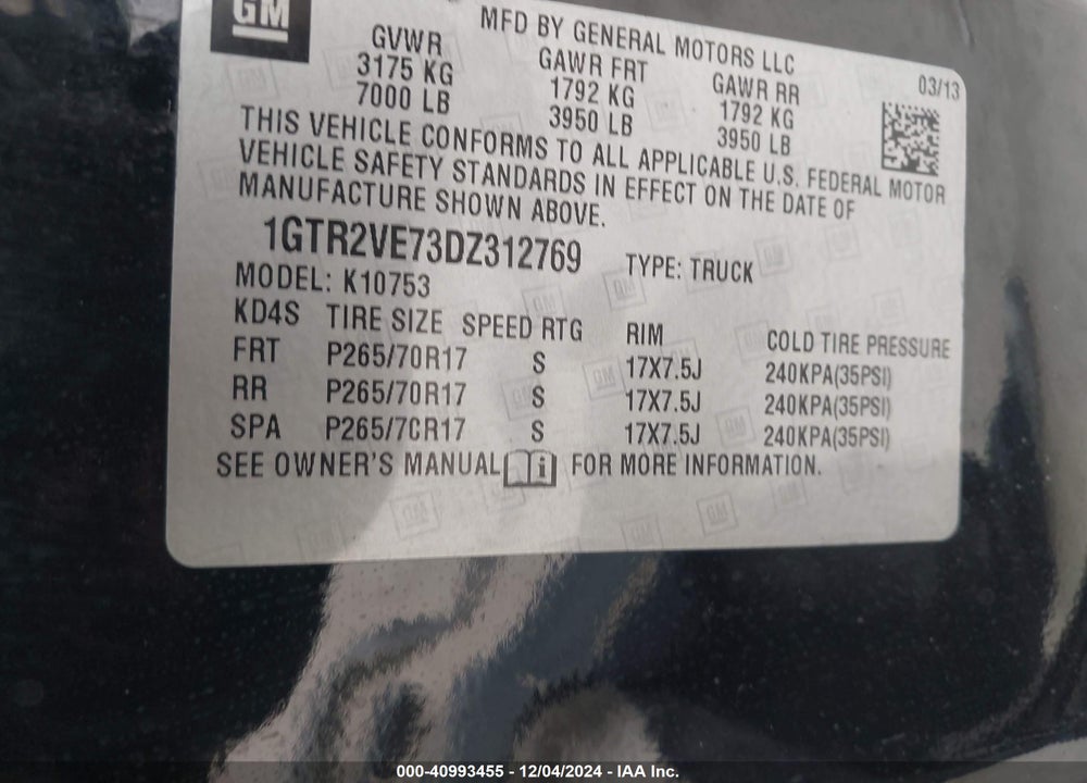 2013 GMC SIERRA 1500 SLE VIN: 1GTR2VE73DZ312769