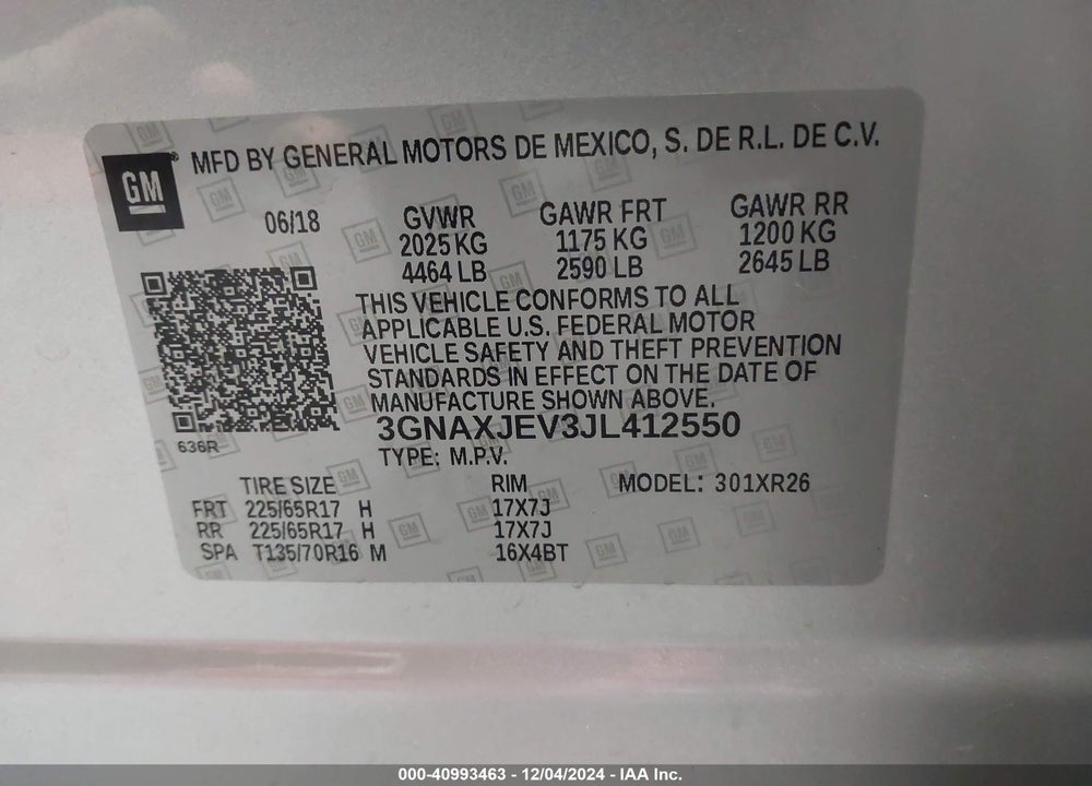 2018 CHEVROLET EQUINOX LT VIN: 3GNAXJEV3JL412550