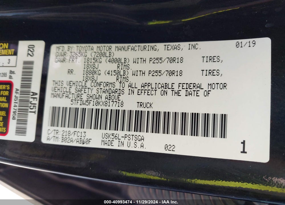 2019 TOYOTA TUNDRA SR5 5.7L V8 VIN: 5TFDW5F10KX817718