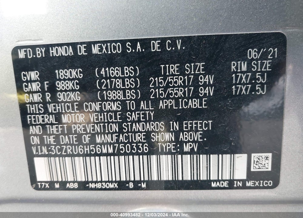 2021 HONDA HR-V AWD EX VIN: 3CZRU6H56MM750336