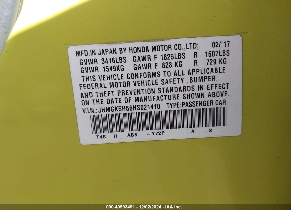2017 HONDA FIT LX VIN: JHMGK5H56HS021410