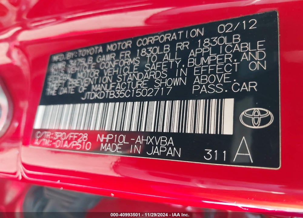 2012 TOYOTA PRIUS C TWO VIN: JTDKDTB35C1502717