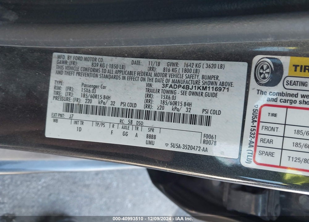 2019 FORD FIESTA VIN: 3FADP4BJ1KM116971