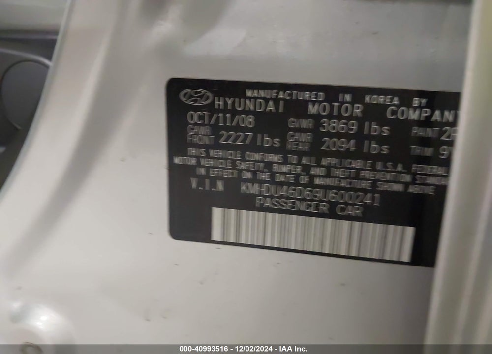 2009 HYUNDAI ELANTRA SE VIN: KMHDU46D69U600241