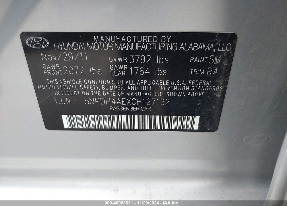 2012 HYUNDAI ELANTRA LIMITED VIN: 5NPDH4AEXCH127132