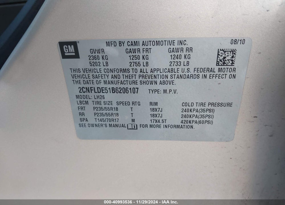 2011 CHEVROLET EQUINOX 1LT VIN: 2CNFLDE51B6206107