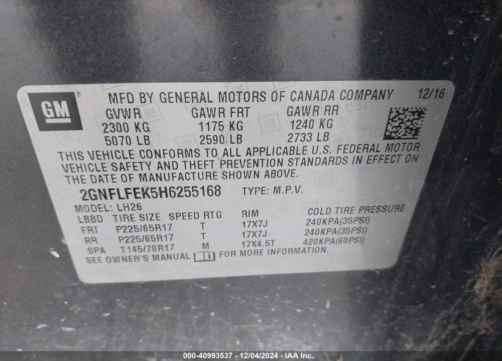 2017 CHEVROLET EQUINOX LT VIN: 2GNFLFEK5H6255168