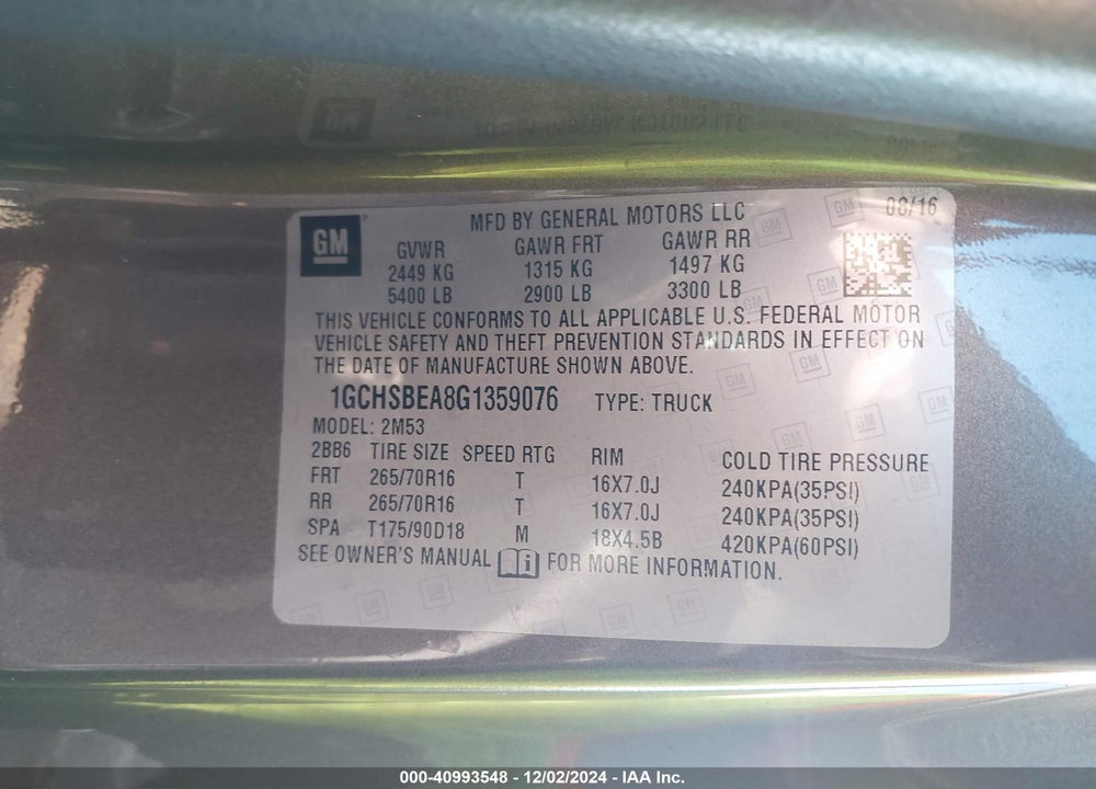 2016 CHEVROLET COLORADO WT VIN: 1GCHSBEA8G1359076