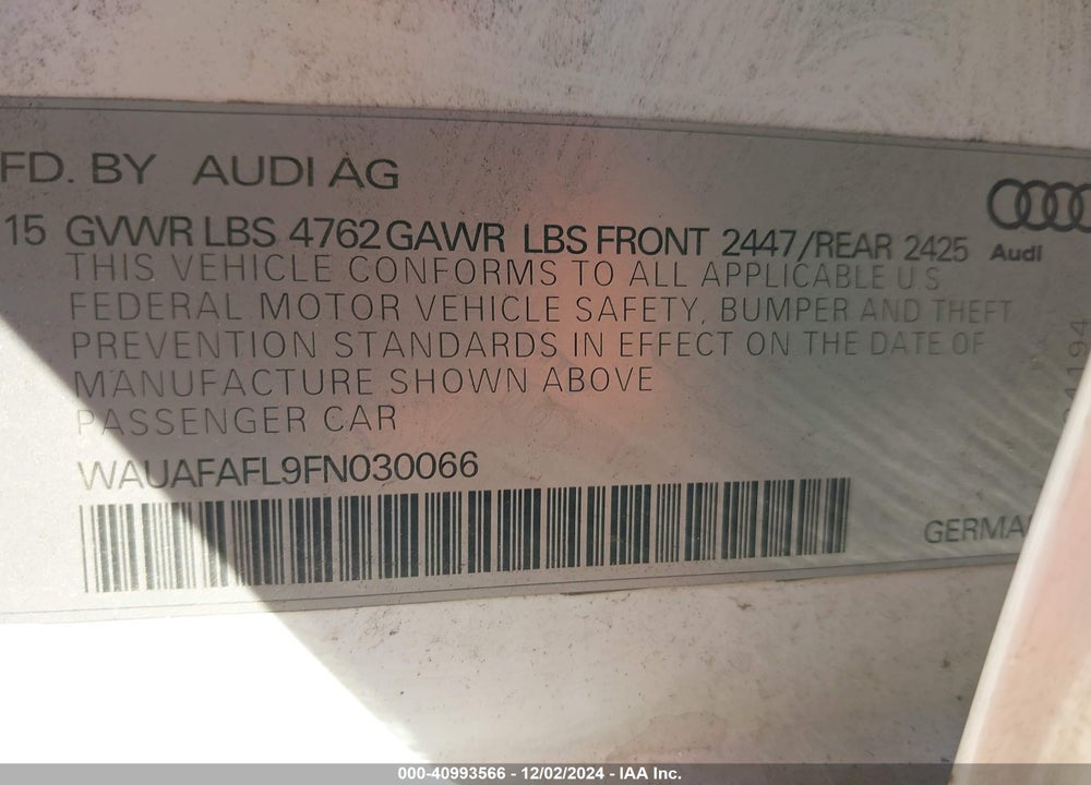 2015 AUDI A4 2.0T PREMIUM VIN: WAUAFAFL9FN030066