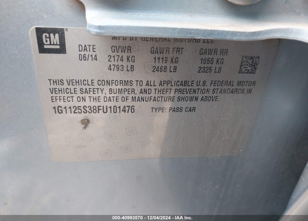 2015 CHEVROLET IMPALA VIN: 1G1125S38FU101476