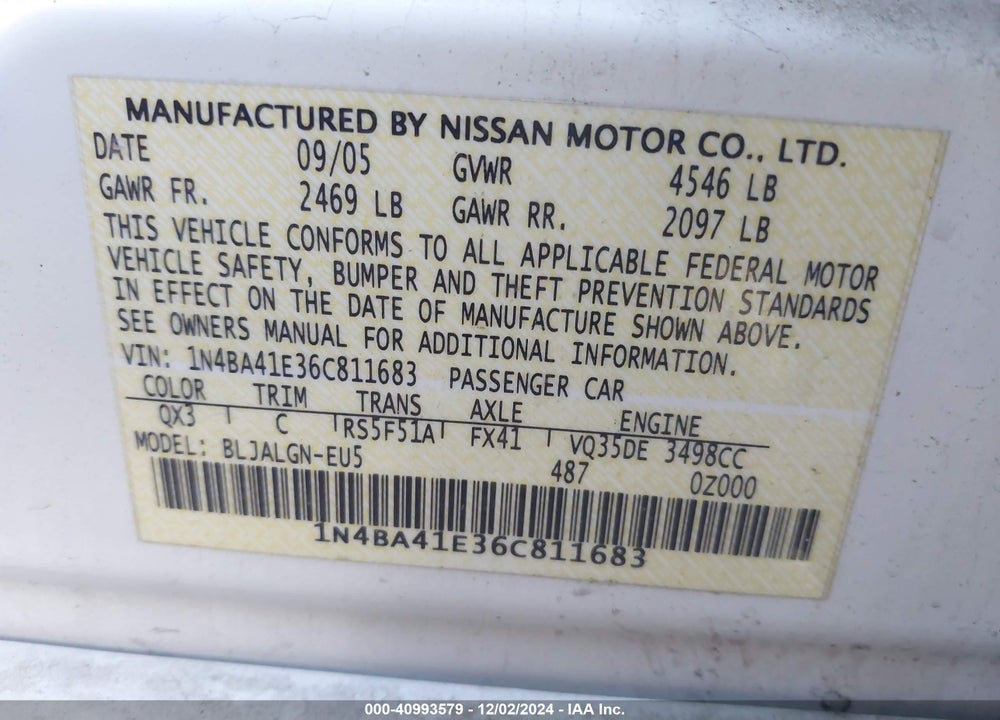 2006 NISSAN MAXIMA 3.5 SL VIN: 1N4BA41E36C811683