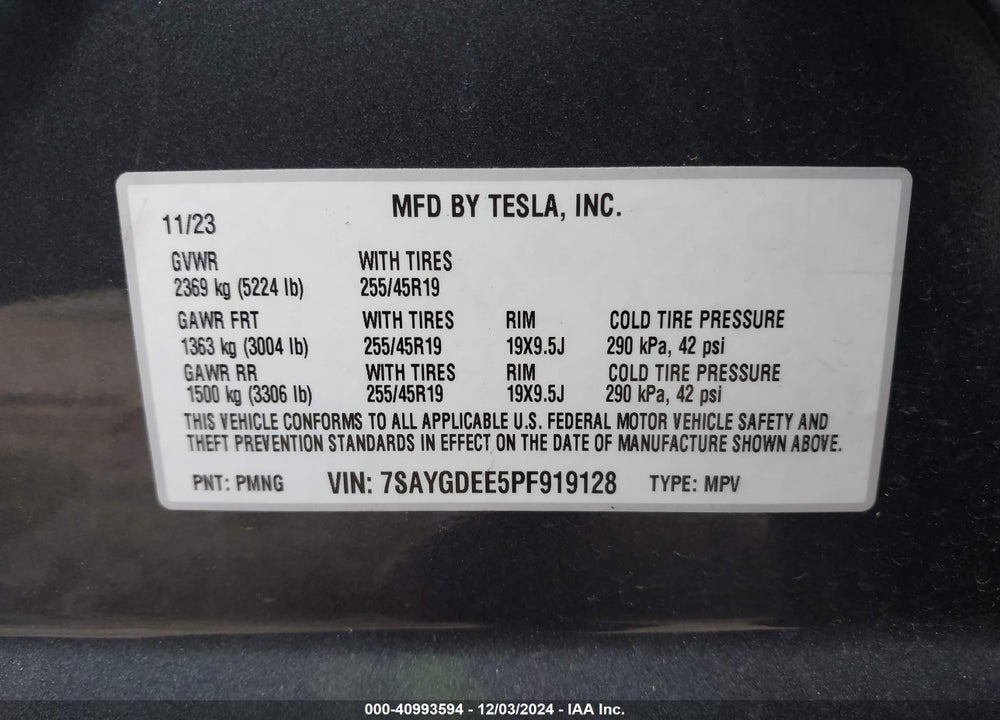 2023 TESLA MODEL Y AWD/LONG RANGE DUAL MOTOR ALL-WHEEL DRIVE VIN: 7SAYGDEE5PF919128