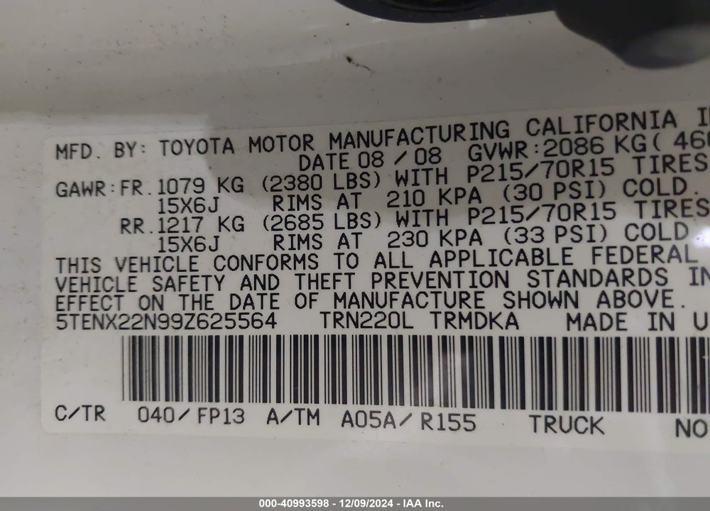 2009 TOYOTA TACOMA VIN: 5TENX22N99Z625564