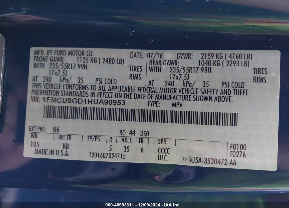 2017 FORD ESCAPE SE VIN: 1FMCU9GD1HUA90953