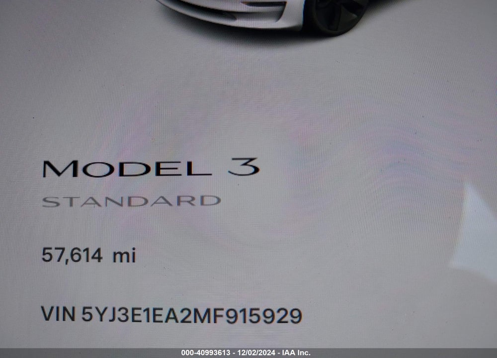 2021 TESLA MODEL 3 STANDARD RANGE PLUS REAR-WHEEL DRIVE VIN: 5YJ3E1EA2MF915929