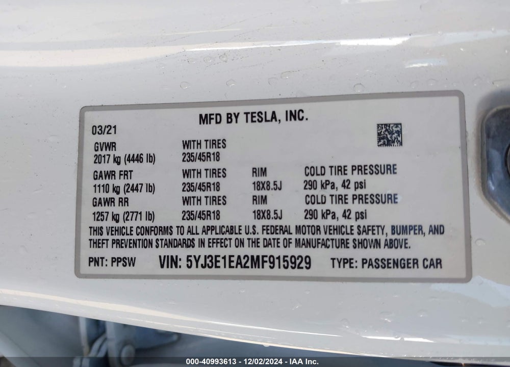 2021 TESLA MODEL 3 STANDARD RANGE PLUS REAR-WHEEL DRIVE VIN: 5YJ3E1EA2MF915929