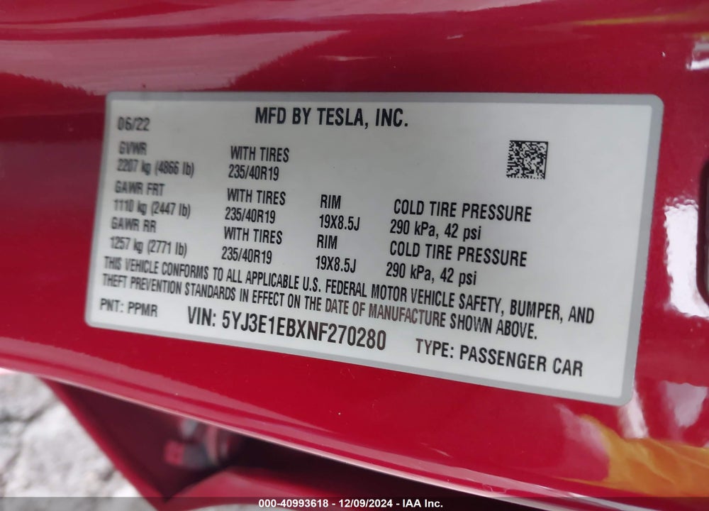2022 TESLA MODEL 3 LONG RANGE DUAL MOTOR ALL-WHEEL DRIVE VIN: 5YJ3E1EBXNF270280