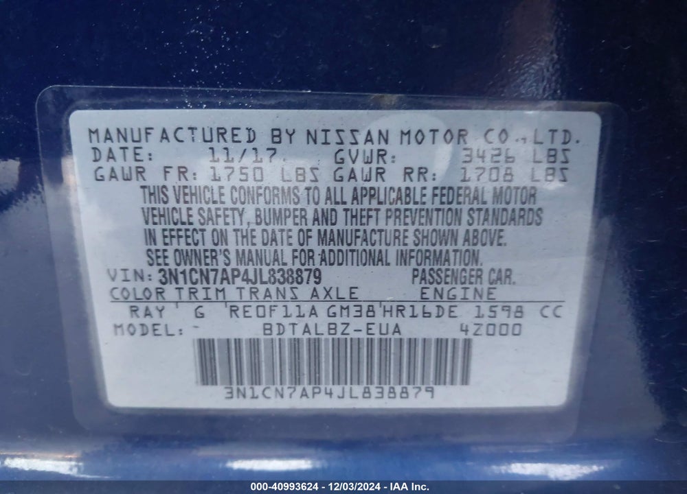 2018 NISSAN VERSA 1.6 SV VIN: 3N1CN7AP4JL838879