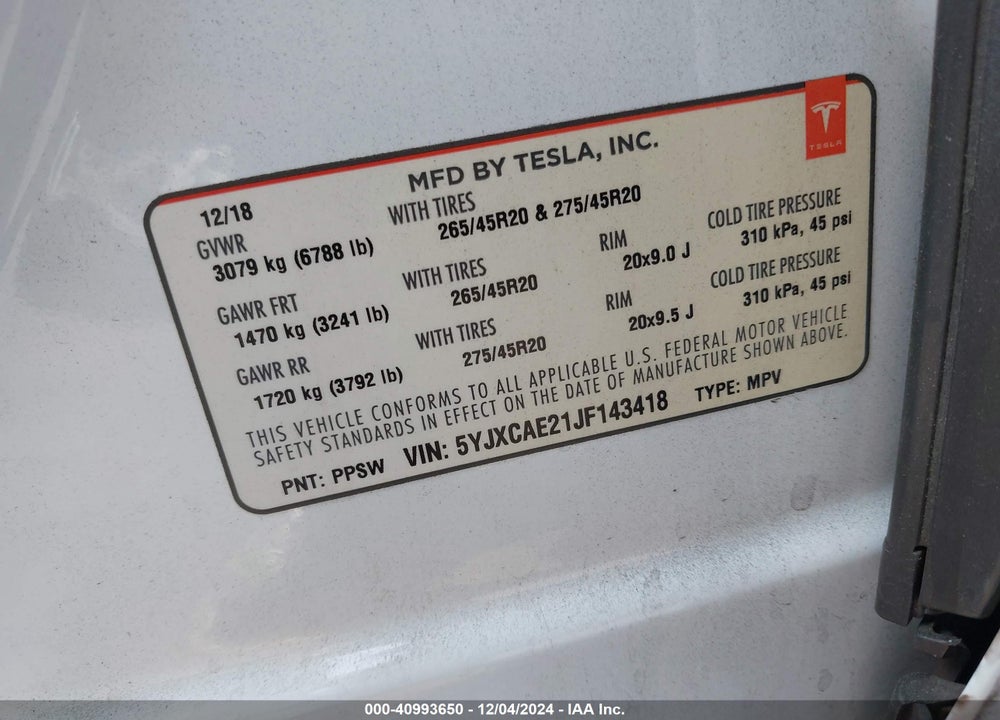 2018 TESLA MODEL X 100D/75D/P100D VIN: 5YJXCAE21JF143418