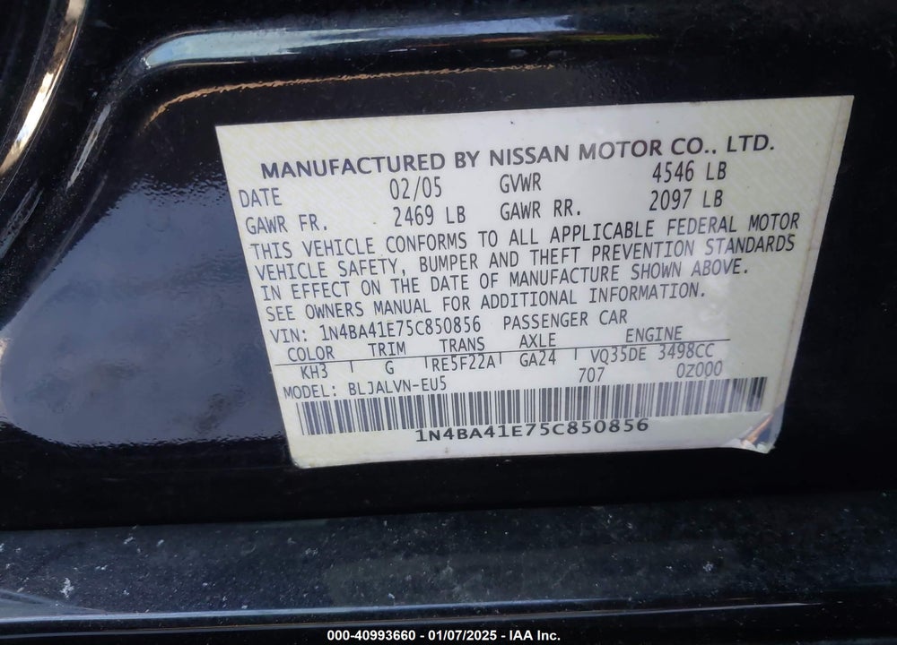 2005 NISSAN MAXIMA 3.5 SE VIN: 1N4BA41E75C850856