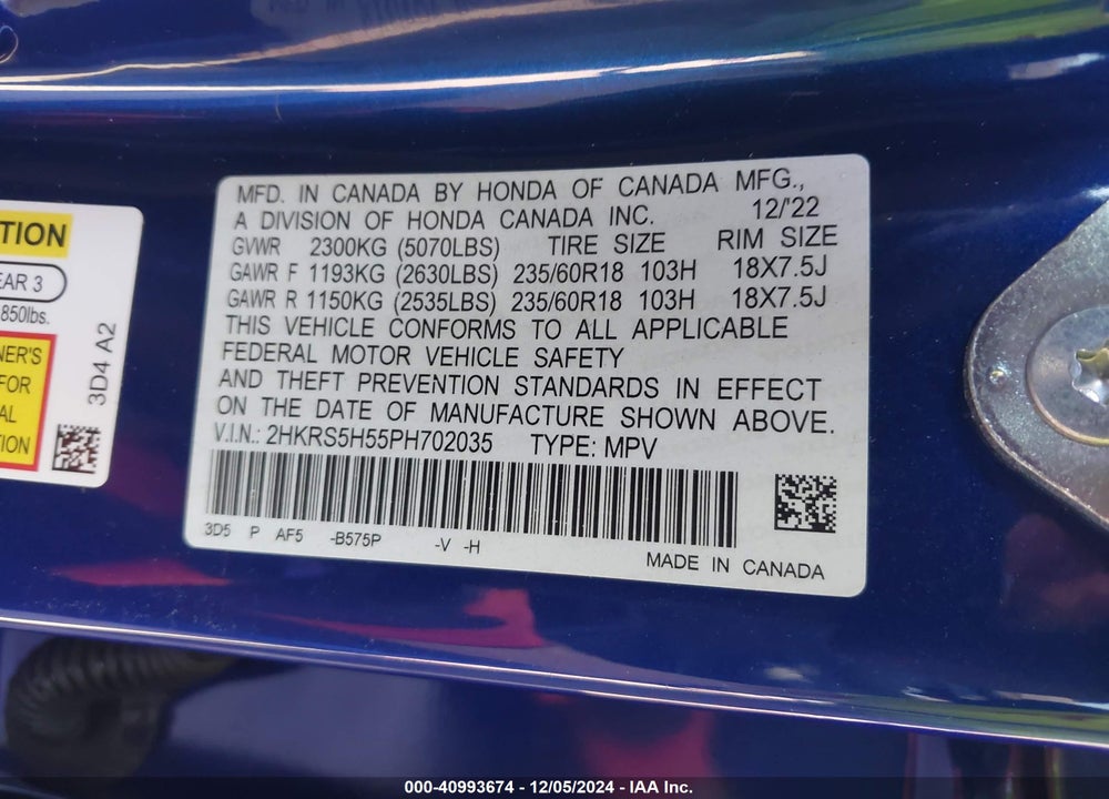 2023 HONDA CR-V HYBRID SPORT VIN: 2HKRS5H55PH702035
