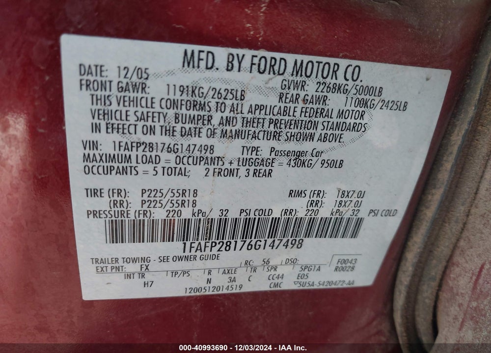 2006 FORD FIVE HUNDRED LIMITED VIN: 1FAFP28176G147498