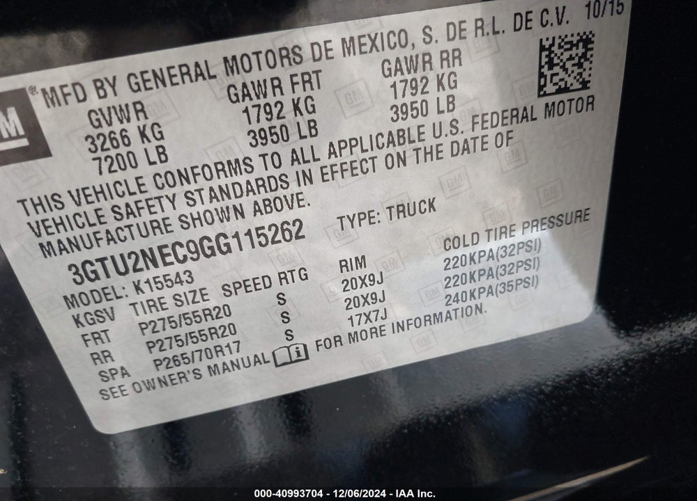 2016 GMC SIERRA 1500 SLT VIN: 3GTU2NEC9GG115262