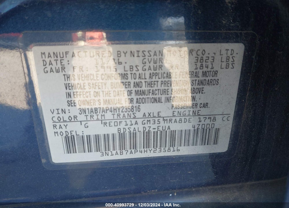2017 NISSAN SENTRA SV VIN: 3N1AB7AP4HY235816