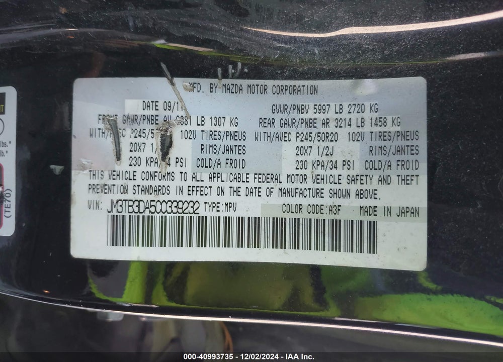 2012 MAZDA CX-9 GRAND TOURING VIN: JM3TB3DA5C0339232