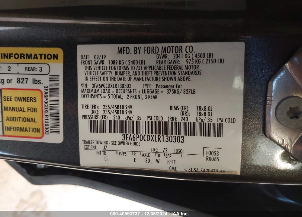 2020 FORD FUSION VIN: 3FA6P0CDXLR130303