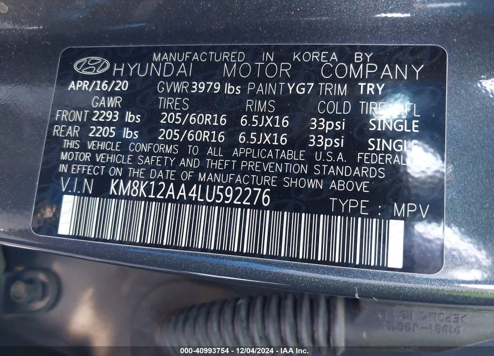 2020 HYUNDAI KONA SE VIN: KM8K12AA4LU592276