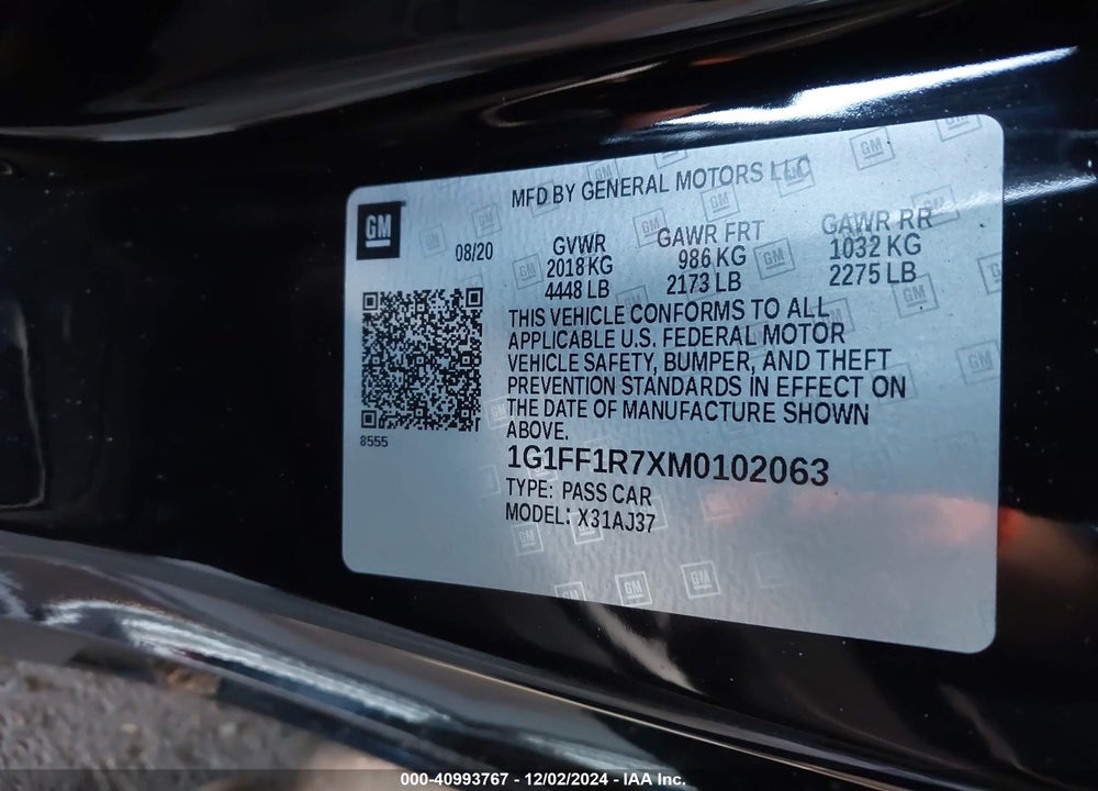 2021 CHEVROLET CAMARO RWD LT1 VIN: 1G1FF1R7XM0102063