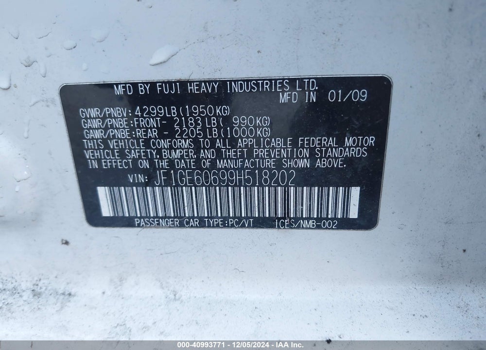 2009 SUBARU IMPREZA 2.5I VIN: JF1GE60699H518202