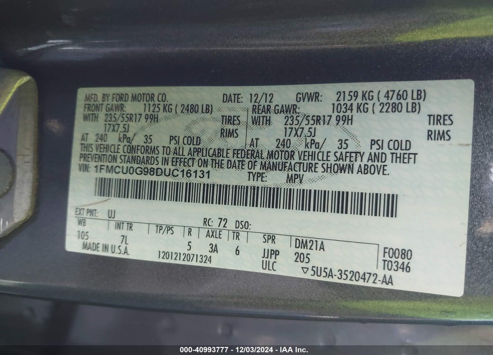 2013 FORD ESCAPE SE VIN: 1FMCU0G98DUC16131