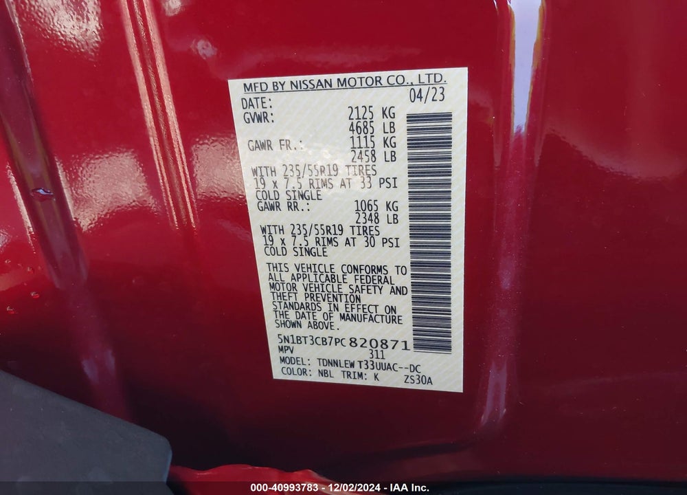 2023 NISSAN ROGUE SL INTELLIGENT AWD VIN: 5N1BT3CB7PC820871