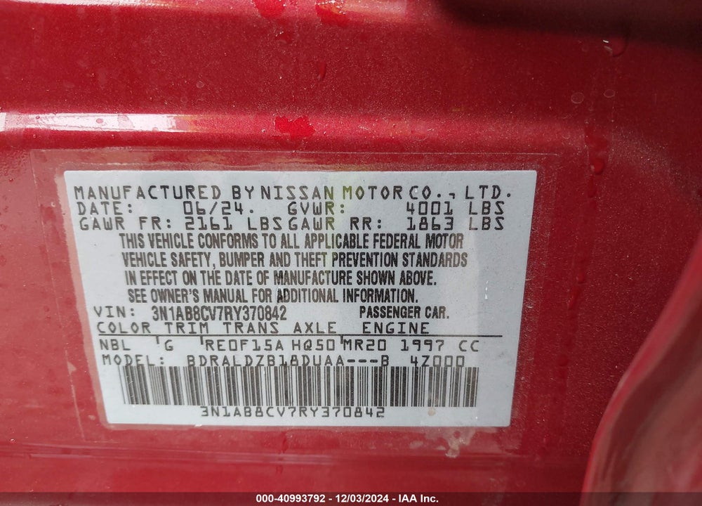 2024 NISSAN SENTRA SV XTRONIC CVT VIN: 3N1AB8CV7RY370842