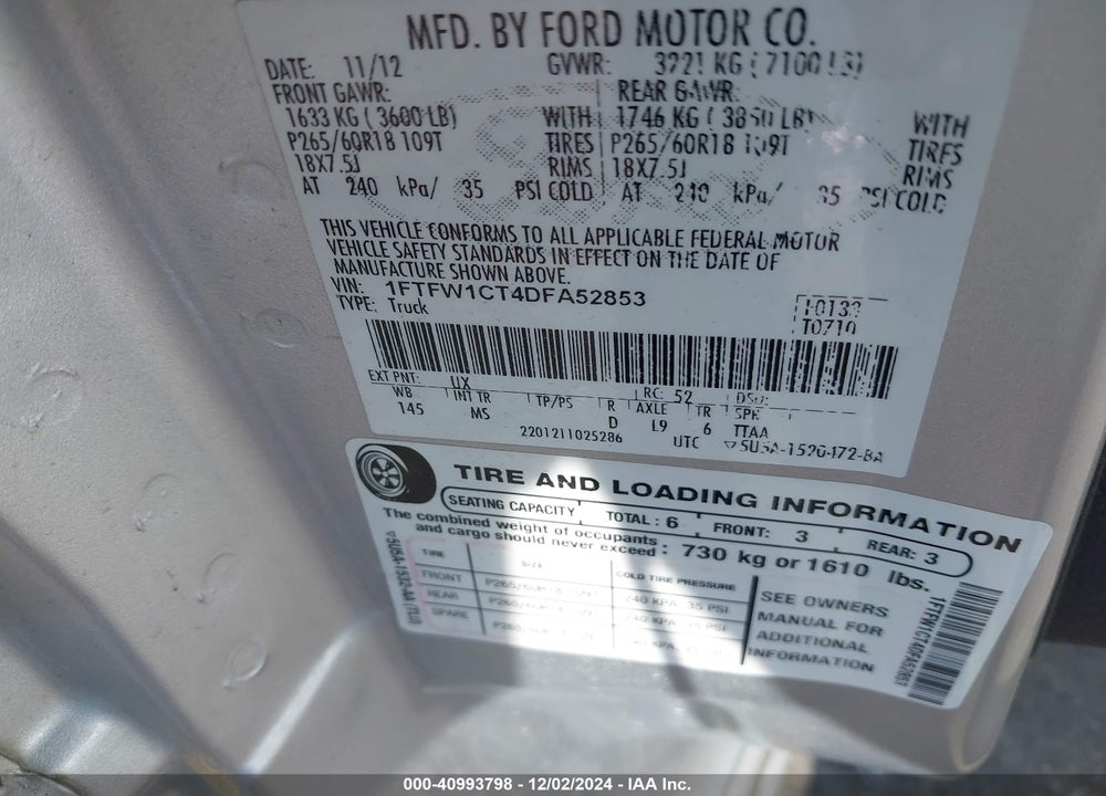 2013 FORD F150 VIN: 1FTFW1CT4DFA52853