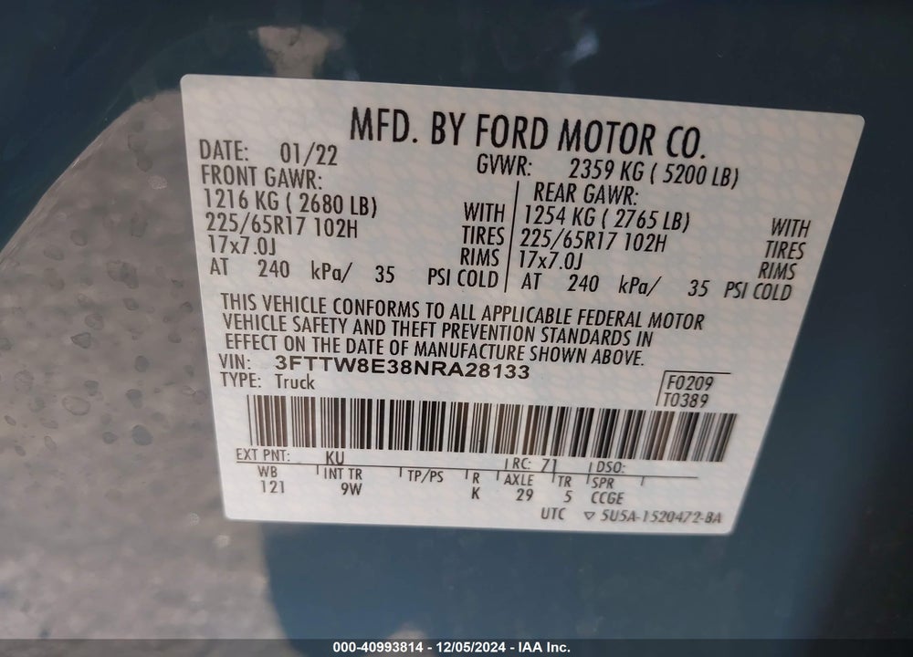 2022 FORD MAVERICK XL VIN: 3FTTW8E38NRA28133