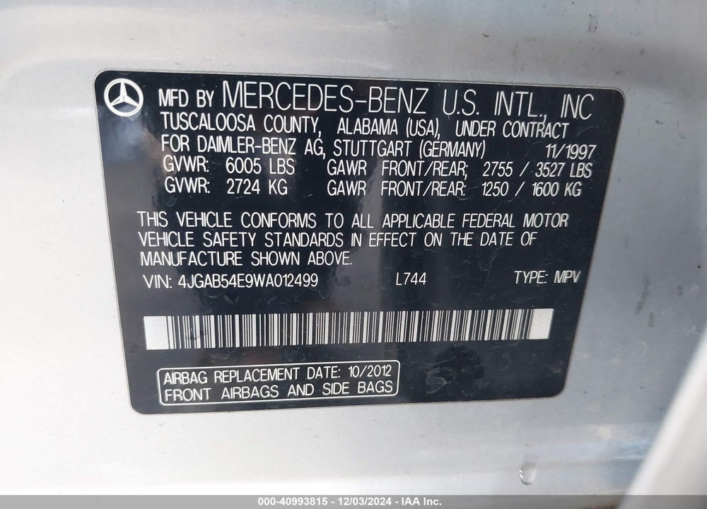 1998 MERCEDES-BENZ ML 320 CLASSIC VIN: 4JGAB54E9WA012499