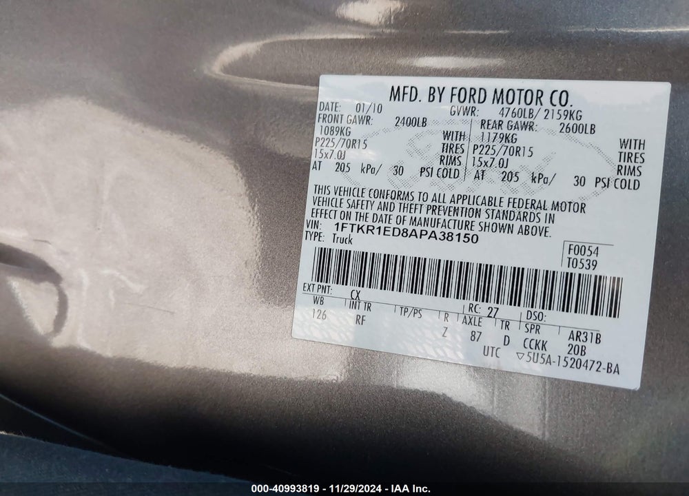2010 FORD RANGER XL/XLT VIN: 1FTKR1ED8APA38150