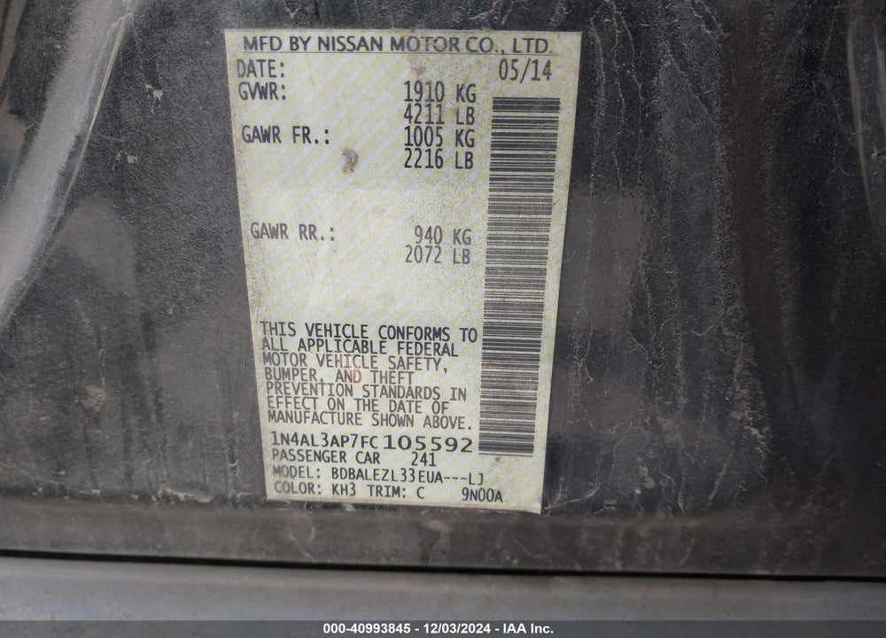 2015 NISSAN ALTIMA 2.5 S VIN: 1N4AL3AP7FC105592