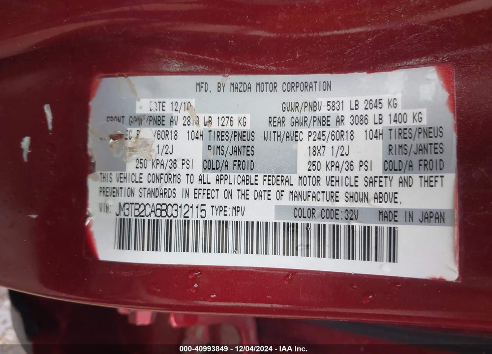 2011 MAZDA CX-9 TOURING VIN: JM3TB2CA6B0312115