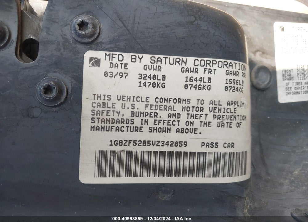 1997 SATURN SL VIN: 1G8ZF5285VZ342059