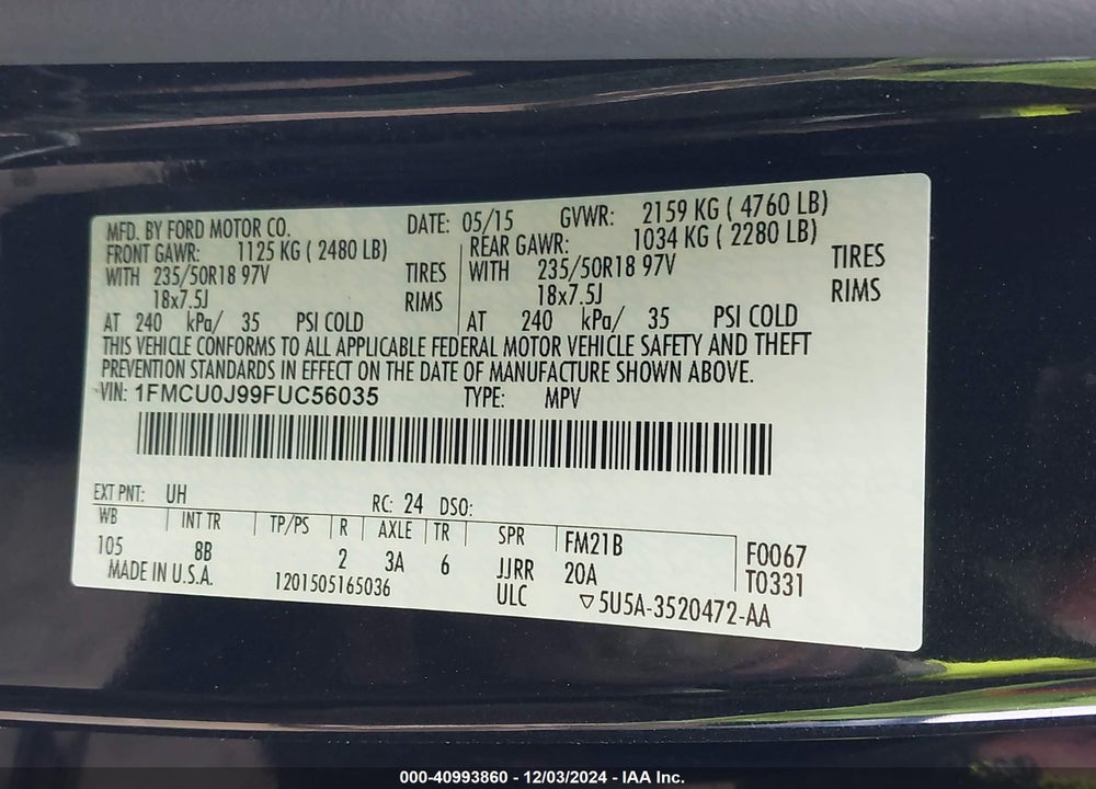 2015 FORD ESCAPE TITANIUM VIN: 1FMCU0J99FUC56035
