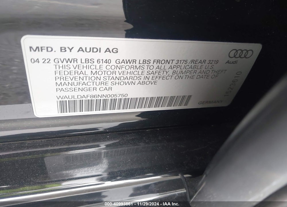 2022 AUDI A8 L 55 TFSI QUATTRO TIPTRONIC VIN: WAULDAF86NN005750