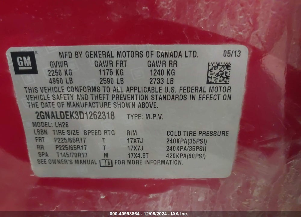 2013 CHEVROLET EQUINOX 1LT VIN: 2GNALDEK3D1262318