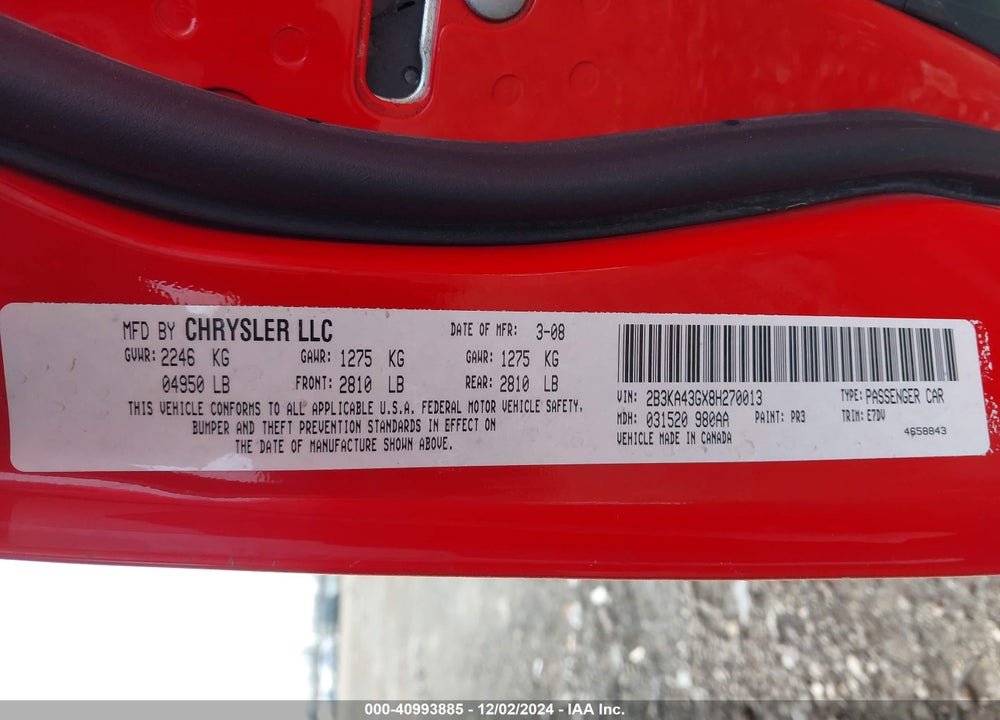 2008 DODGE CHARGER VIN: 2B3KA43GX8H270013