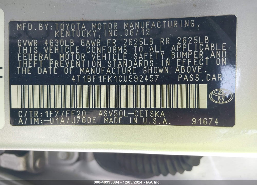 2012 TOYOTA CAMRY SE VIN: 4T1BF1FK1CU592457