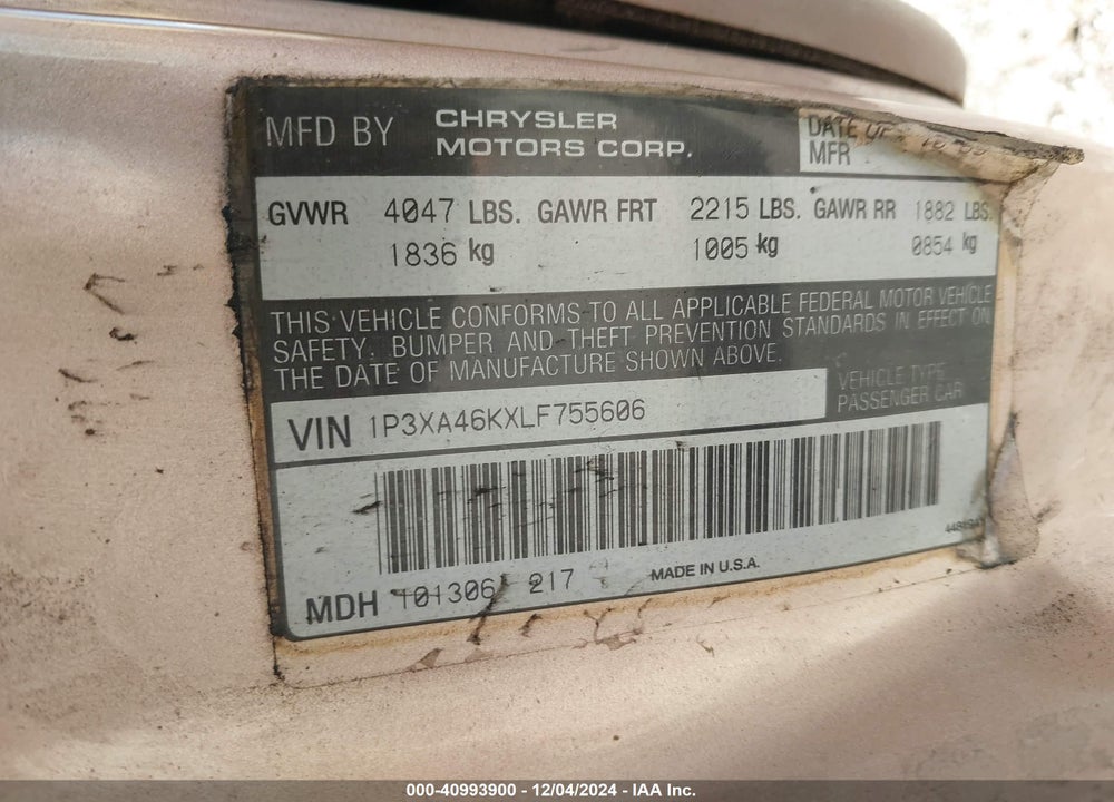 1990 PLYMOUTH ACCLAIM VIN: 1P3XA46KXLF755606