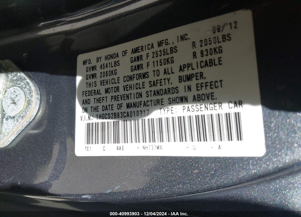 2012 HONDA ACCORD 3.5 EX-L VIN: 1HGCS2B83CA010317